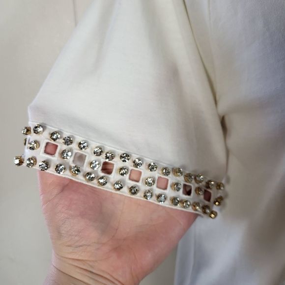MAJE Whote Rhinestone Sleeve Relaxed Fit Crew Neck Tee Size 2 - Picture 2 of 5